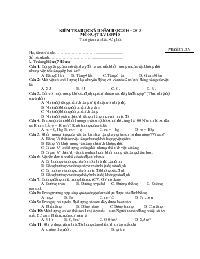 Kiểm tra học kỳ II năm học 2014  2015 môn vật lý lớp 10 thời gian làm bài 45 phút